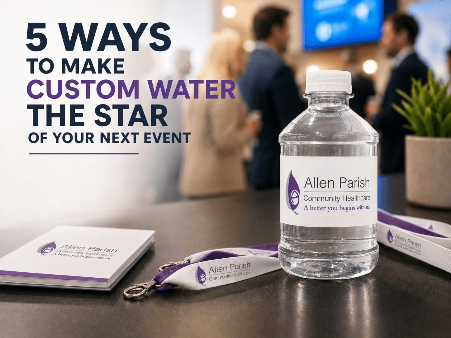 Custom labeled water bottles on ice at an event welcome table