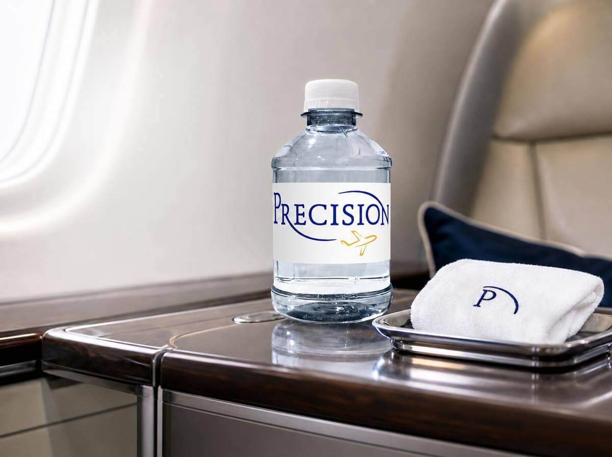 Bottled water served in an aircraft cabin