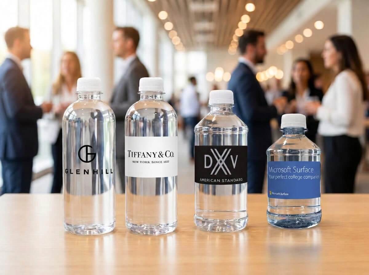 Custom labeled water bottles lined up at a conference