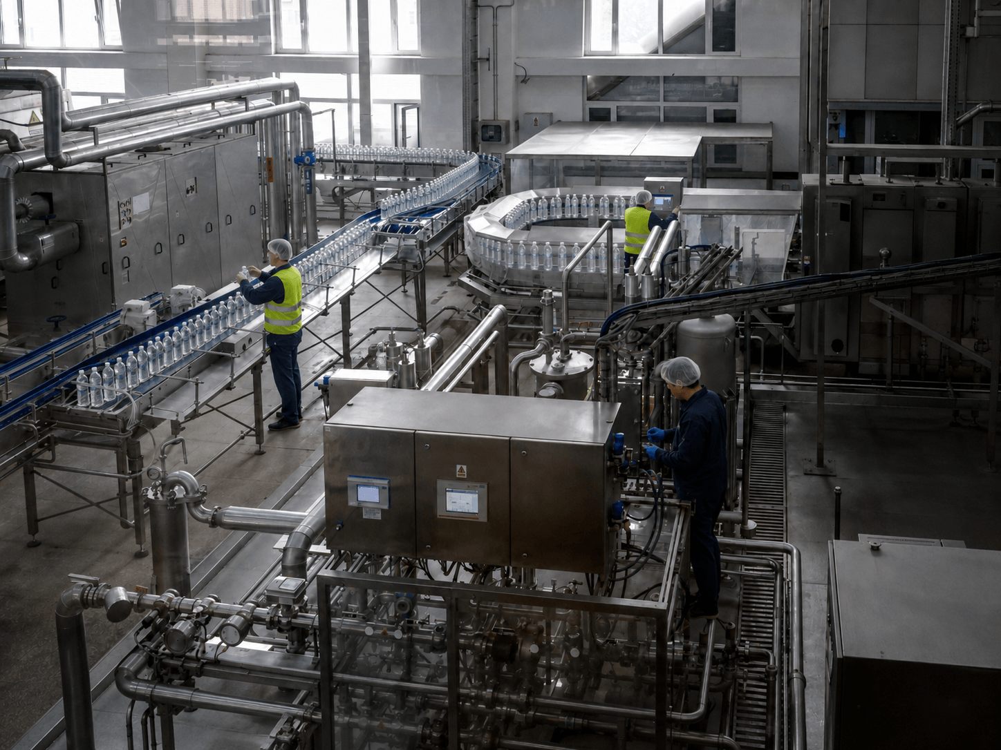Bottling-line technicians inspecting bottles at the filling line