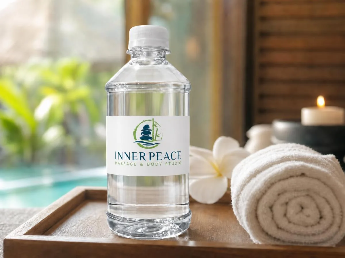 Branded water at the hotel front desk