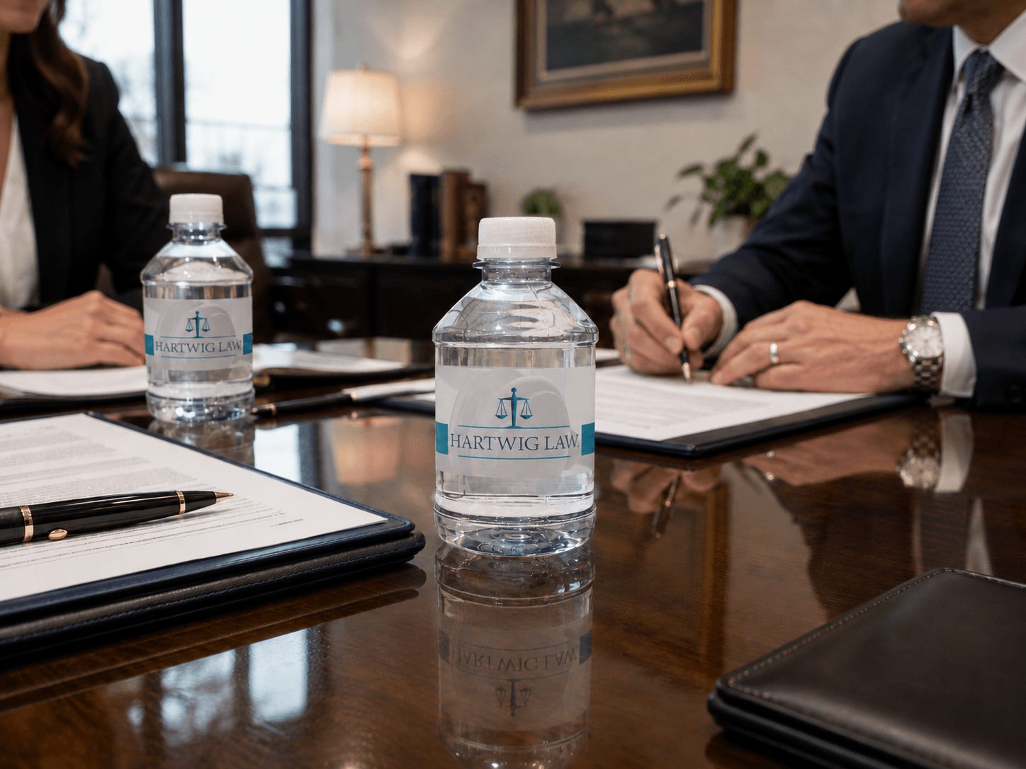Hartwig Law bottles on a signing table