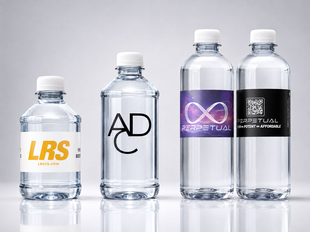 The custom bottle lineup: 8 oz, 12 oz and 16.9 oz PET plus 16 oz aluminum
