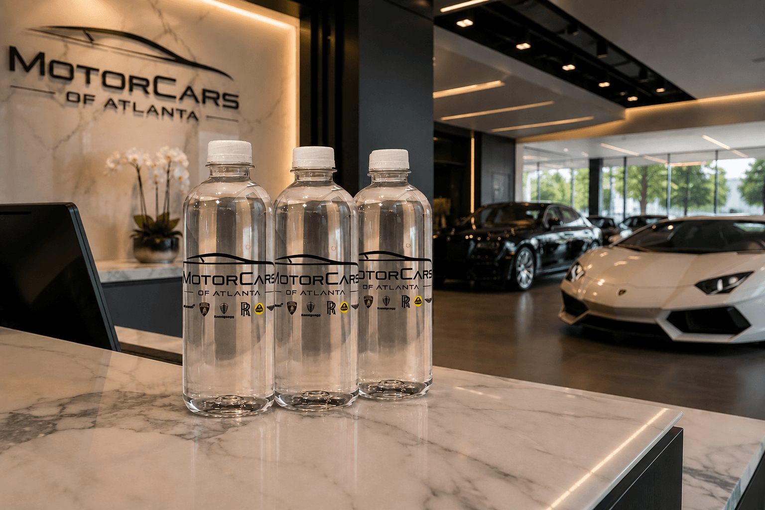 Custom-labeled 16.9 oz bottles on the counter at Motorcars of Atlanta