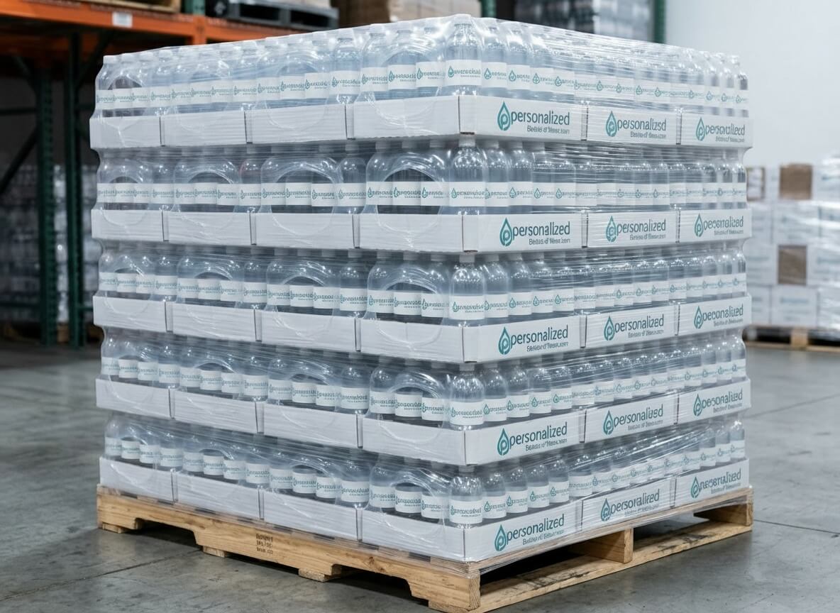 Cases of bottled water stacked on a pallet