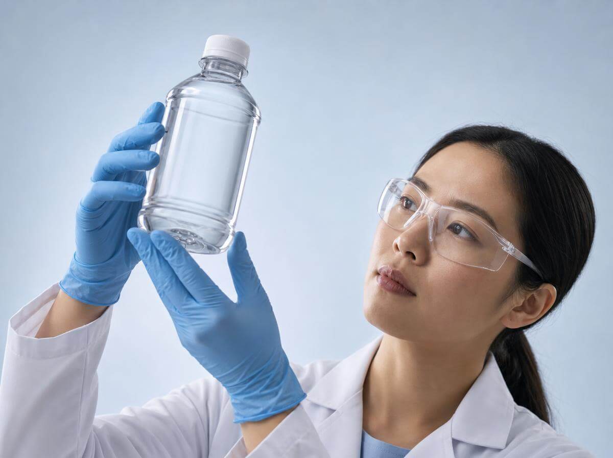 Quality technician inspecting a finished bottle