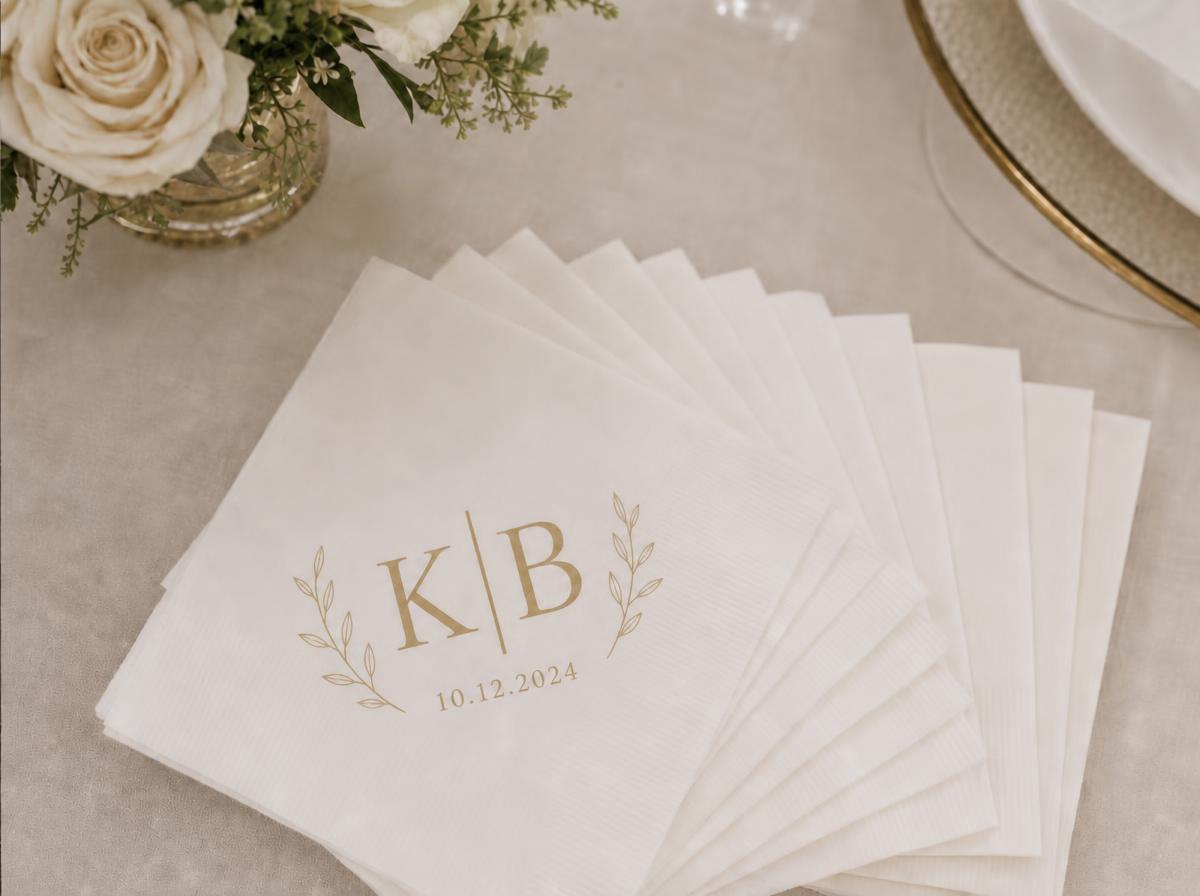 Monogrammed wedding napkins with a gold foil crest