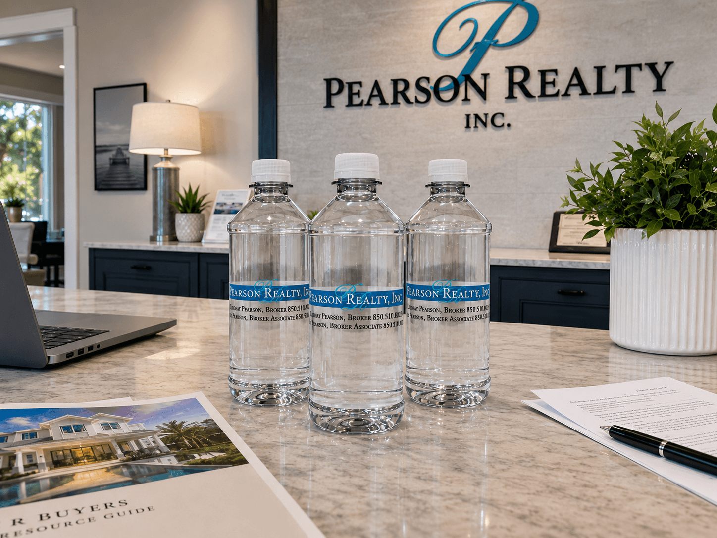 Pearson Realty bottles on the front desk of a brokerage office